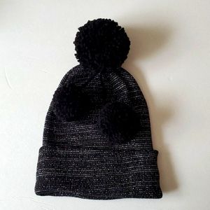 Black and Silver Knit Hat with Pom Poms